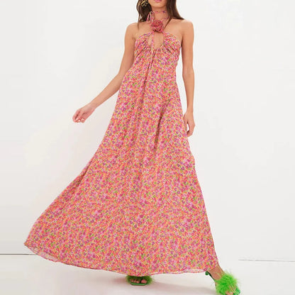 Cross Halter Rose Design Maxi Dress Spring Print Long Party Dress Summer Backless Hollow Holidays Dresses