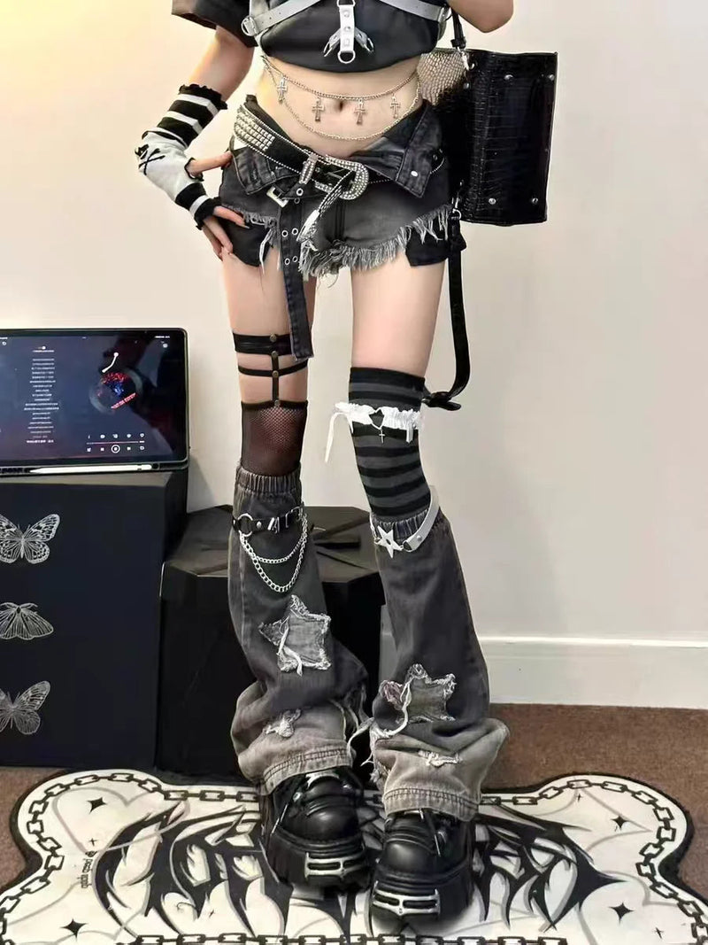 Harajuku Y2k Millennium Spicy Girl Retro Hairy Slim Denim Shorts for Summer Low Waist Jeans Star Patch Leg Covers