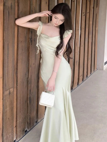 Summer Mermaid Dress Bodycon Spaghetti Strap Midi Maxi Dresses Lady Stain Party Square Neck New Robe
