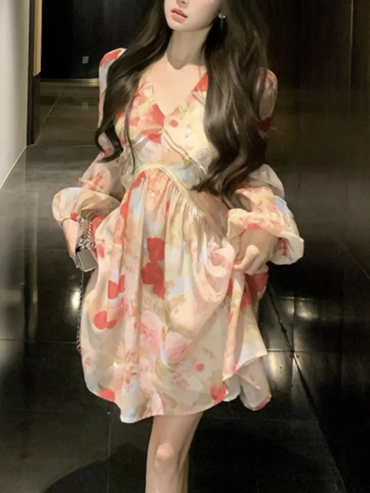 French Printed Mini Dress Autumn Vneck Lantern Sleeve Party Dress Lace Slim Waist Aline Vestidos Largos