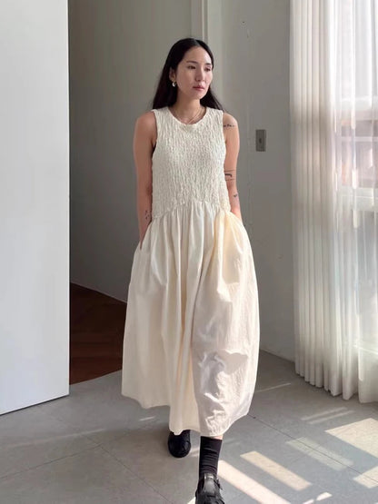 Long Dress Korean Summer Design Round Neck Pleated Texture Slim Fit Sleeveless Vest Vestidos