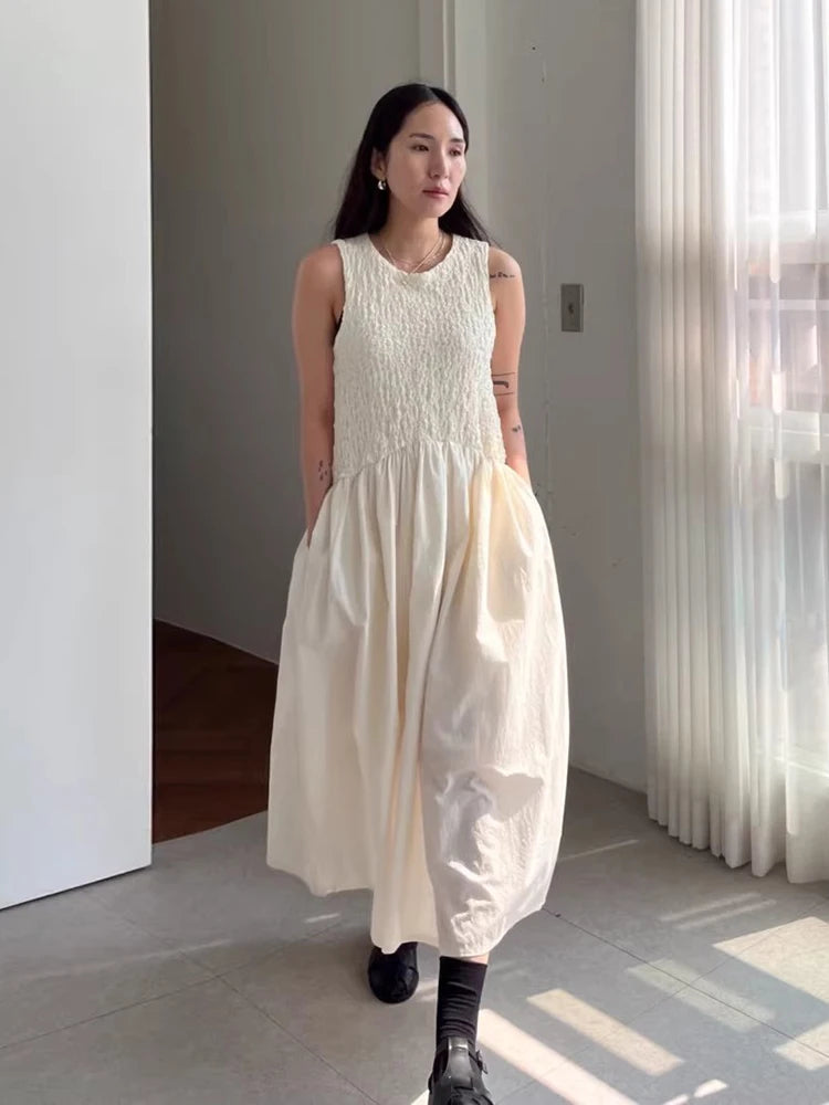 Long Dress Korean Summer Design Round Neck Pleated Texture Slim Fit Sleeveless Vest Vestidos
