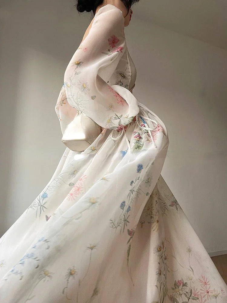 French Print Dress Square Collar Spring Summer Long Sleeve Dress for Sweet Leisure Midi Dress