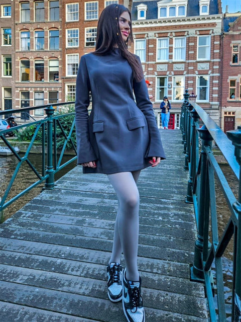 Female Autumn Mini Dress ’s Pocket Patchwork Slim Long Sleeve Commute Clothes Female Mini Dress