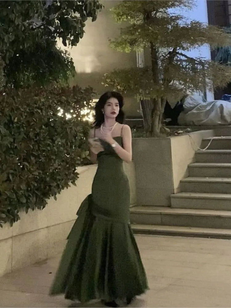 French Highend Design Sling Backless Waist Slimfit Bag Hip Pleated Bow Fishtail Long Dress Banquet Evening Dress