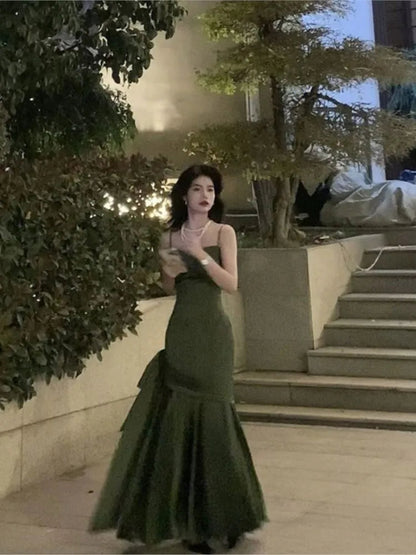 French Highend Design Sling Backless Waist Slimfit Bag Hip Pleated Bow Fishtail Long Dress Banquet Evening Dress