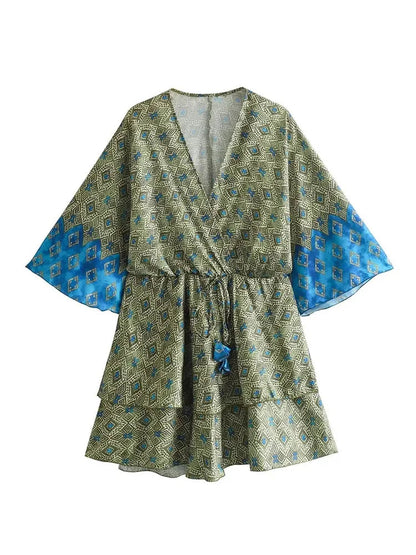 Summer Woman Print Vneck Mini Dress Short Sleeve Lace Up Dresses Female Slim Flounce Dress