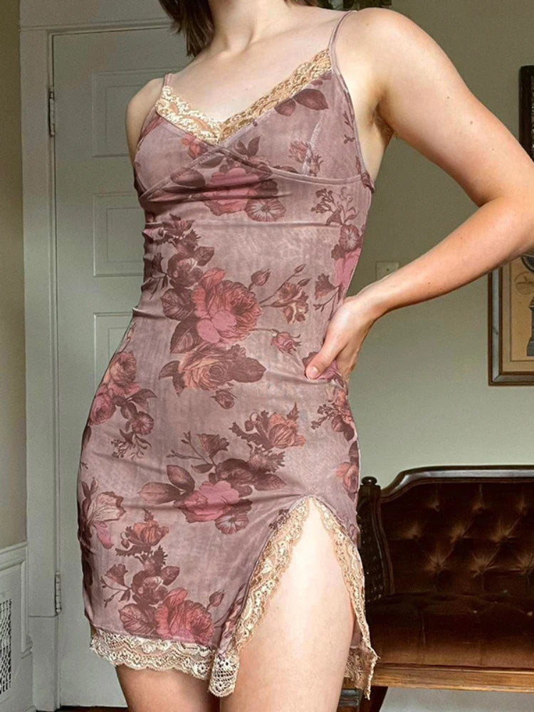 Printed Split Bodycon Dress Slim Lace Trim Vneck Sleeveless Mini Dresses for Summer