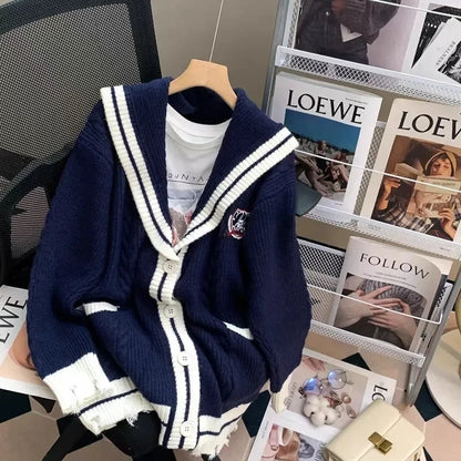 Sailor Collar Knitted Cardigan Oversized Preppy Style Sweaters Coat for Korean Style New