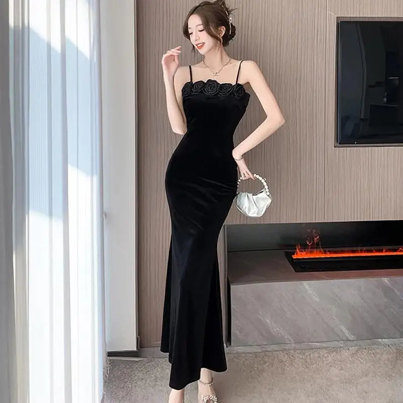 Autumn Winter Black Velvet Appliques Sling Long Dress Dress Korean Vintag Dance Party Night Dress