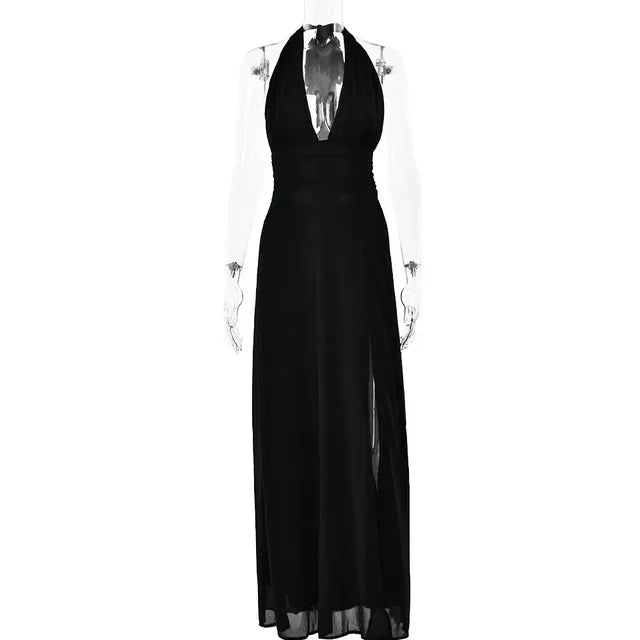 Halterneck V-neck Backless Dresses Party High Waist Slit Sleeveless Long Dress Lace-up Evening Dress