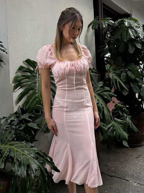 Sheer Backless Dress Short Sleeve Slim Fit Midi Dress Female Bodycon Temperament Party Club Beach