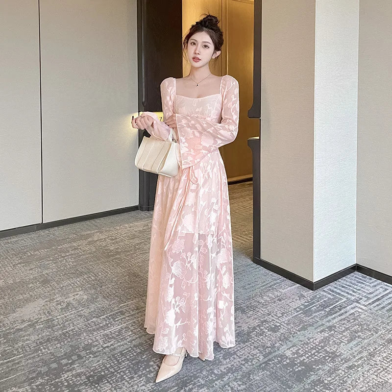Pink Vestidos Mujer Spring Autumn Ins Dresses Sweet Aline Beach Style Long Dress