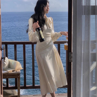 Stain Midi Dresses for Long Sleeve Oneck Bow Tie Aline Korean Vestidos Folded Design Party Prom