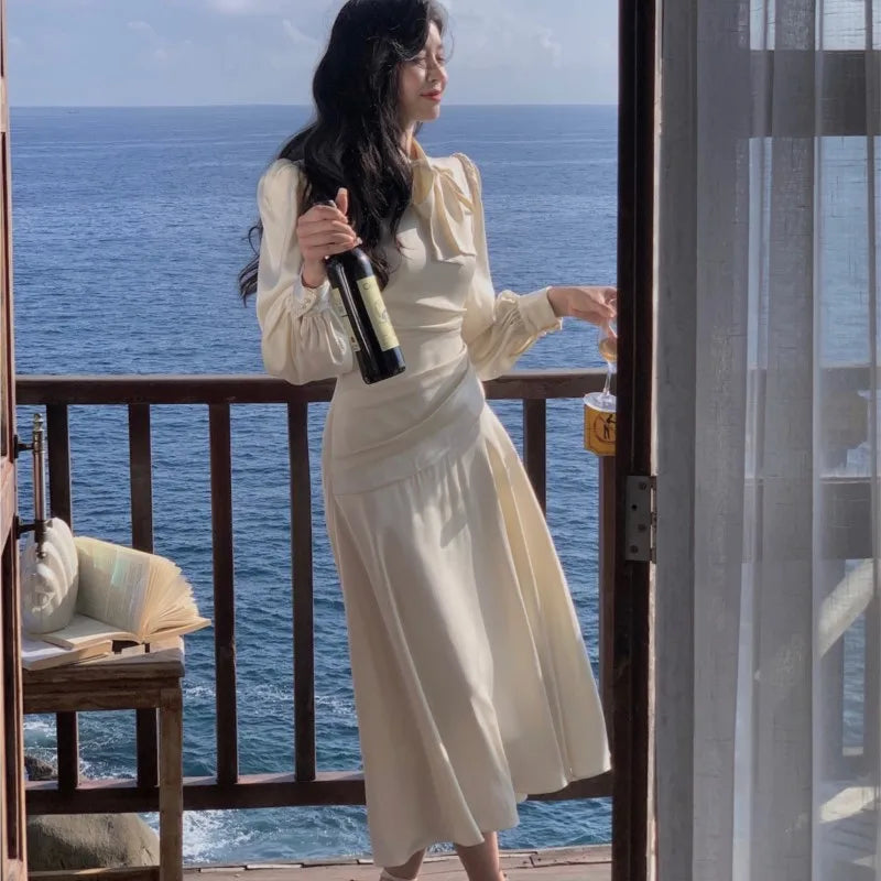 Stain Midi Dresses for Long Sleeve Oneck Bow Tie Aline Korean Vestidos Folded Design Party Prom New