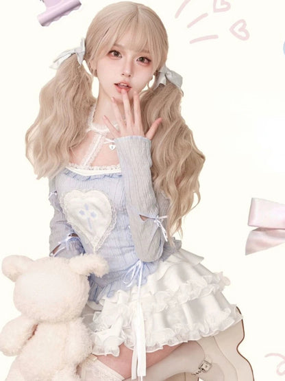 Japanese Style Lolita Skirt Sets Woman Harajuku Kawaii Print Blouse + Slim Cake Skirt Y2k Mini Skirt Hot 2000s
