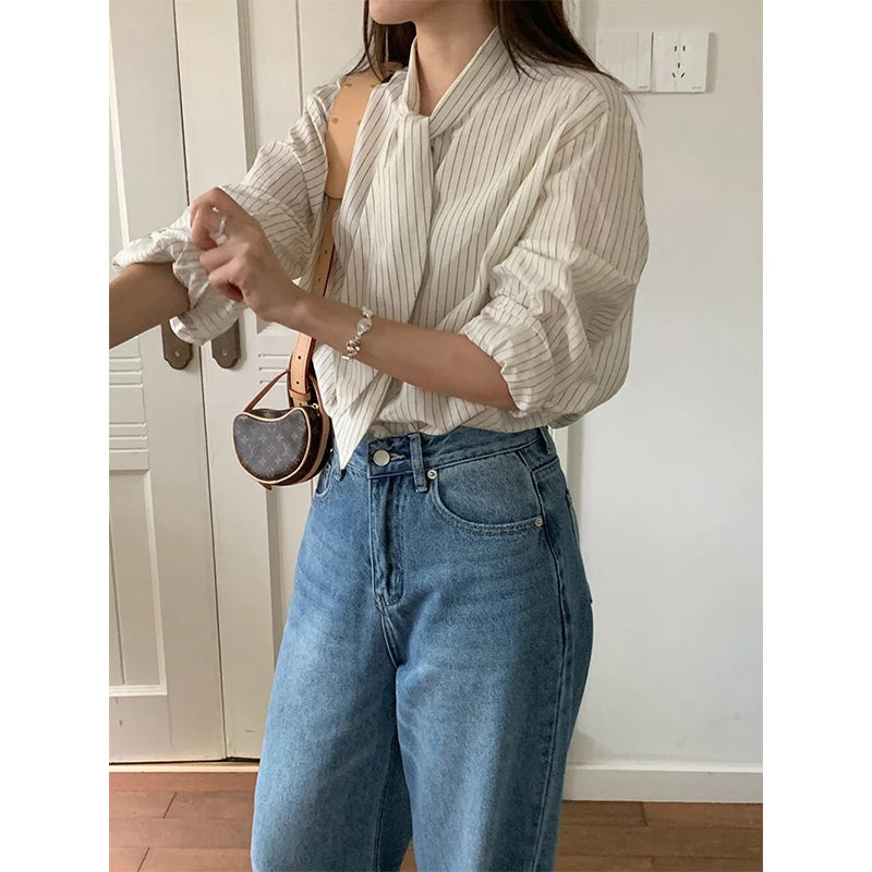 Striped Shirts Tie Long Sleeve Blouses Office Korean Single Breasted Design Tops
