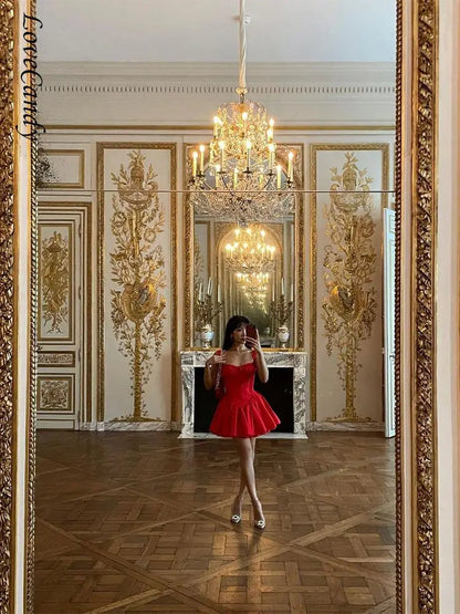 Red Lace Up Mini Dress for Pleated Sleeveless a Line Dresses Autumn Party Evening Short Gown
