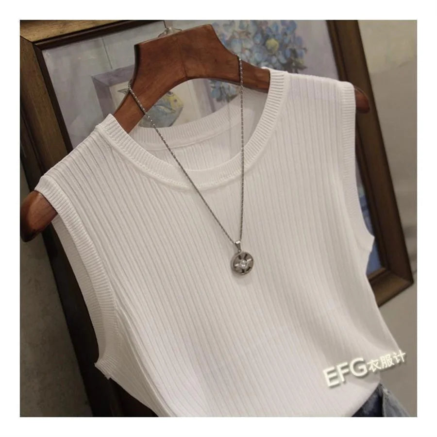 Summer Sleeveless Blouse O-neck Knitted Blouse Shirt Clothes Tops Df4903