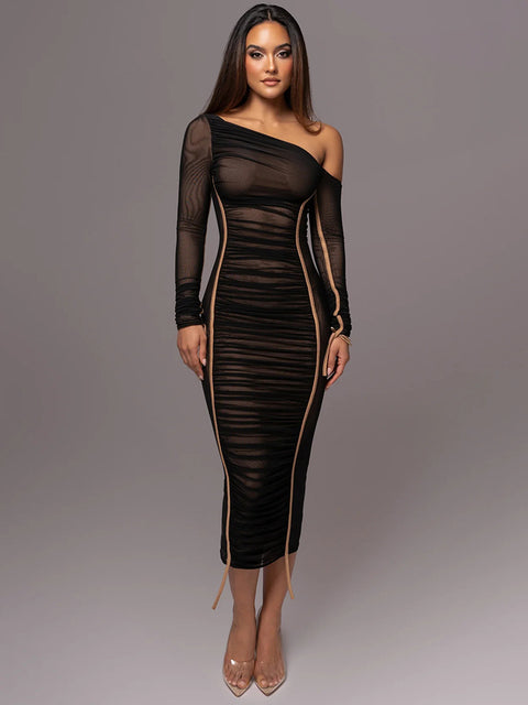 Diagonal Collar Long Sleeve Midi Dress for Two Layer Mesh Backless Ruched Bodycon Club Party Long Dress