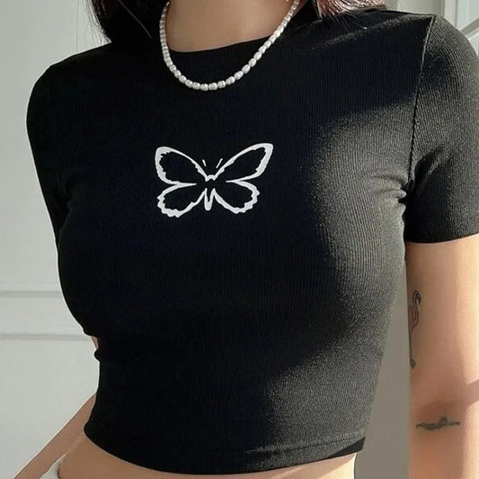 Y2k Butterfly Printed Round Neck Short T-shirt Spring/summer Short Sleeved Slim Fit Top