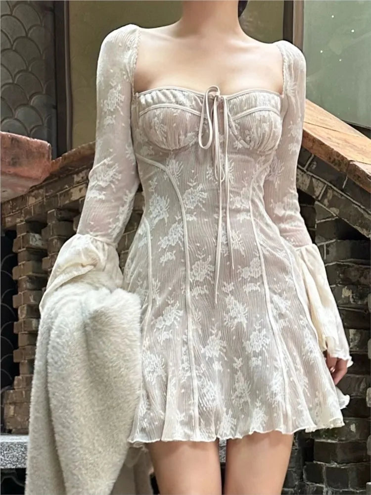 French Lace Mini Dress Y2k Off Shoulder Lace Up Ruffles A-line Autumn Spring Long Sleeve Party Dress Prom Vestidos