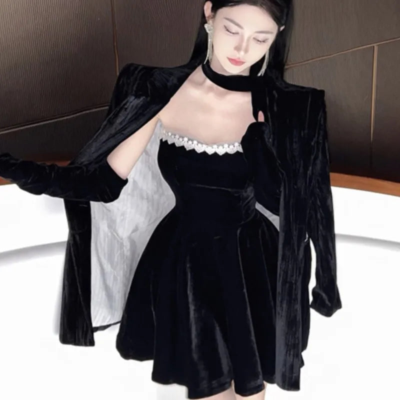 French Strapless Mini Dresses Lace Patchwork A-line Evening Party Dress Korean Y2k Mini Vestidos Mujer