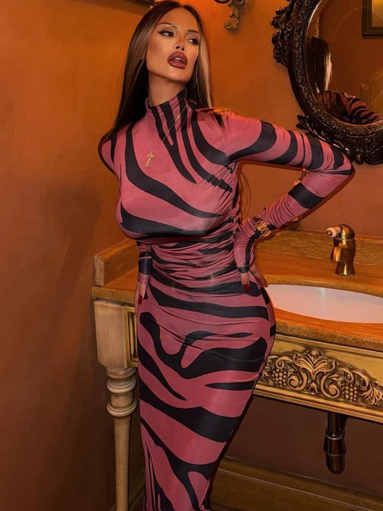 Leopard Print Maxi Dress for Long Sleeve Slim Fit Birthday Gown Dress Female Cloth