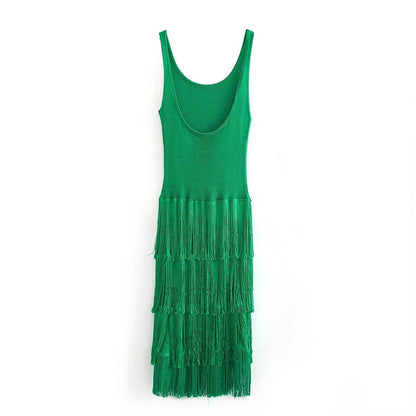 Backless High Waist Knitted Dresses Oneck Slim Tassel Dress Hollow Sleeveless Tight Long Dress