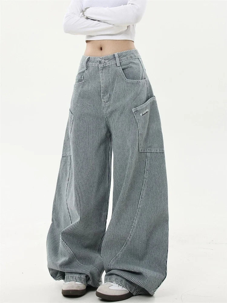 Retro Stripe Cargo Jeans Y2k Hip Hop Baggy Korean Straight Wide Leg Denim Pants Harajuku Mujer Bottoms