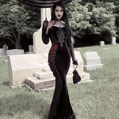 Dark Gothic Strapless Off Shoudler Dress for Halloween Costume Cinched Waist Slimming Wrapped Hip Fishtail Maxi Dress