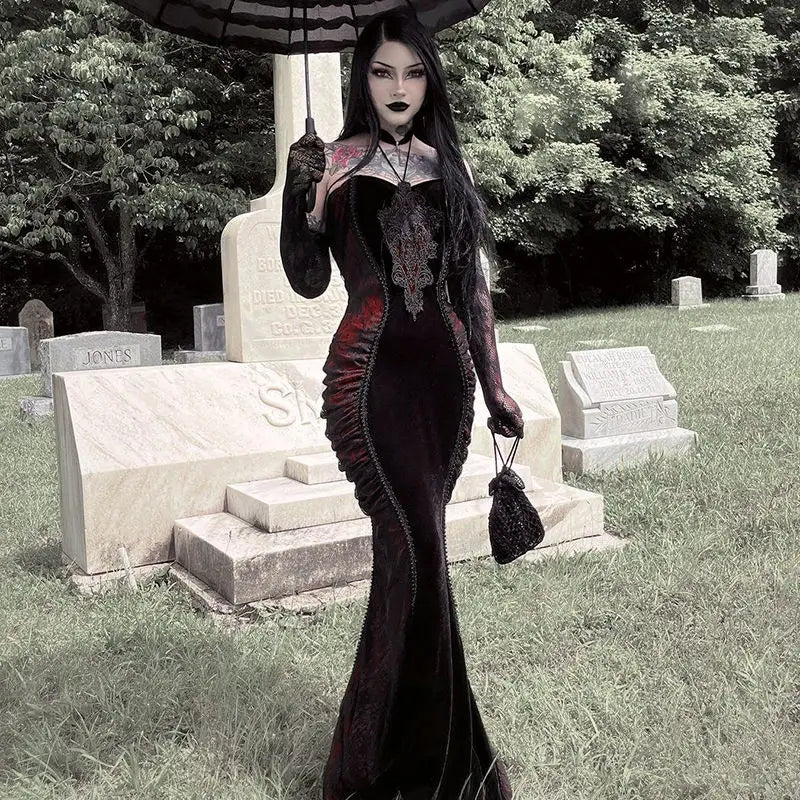 Dark Gothic Strapless Off Shoudler Dress for Halloween Costume Cinched Waist Slimming Wrapped Hip Fishtail Maxi Dress