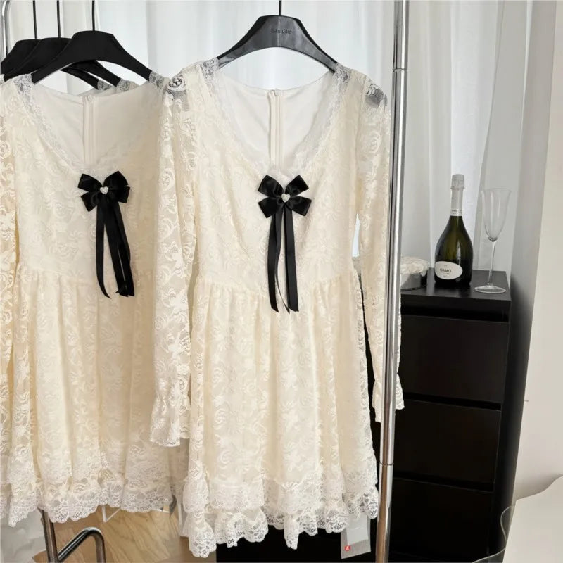Lace Mini Dresses V-neck Long Sleeve Ruffles A-line Autumn New Sweet Korean Party Dress Female Vestidos