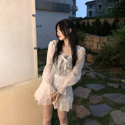 Cropped Shirts Bow Lace Patchwork Blouses Summer Korean Print Square Collar Bandage Long Sleeve Slim Tops