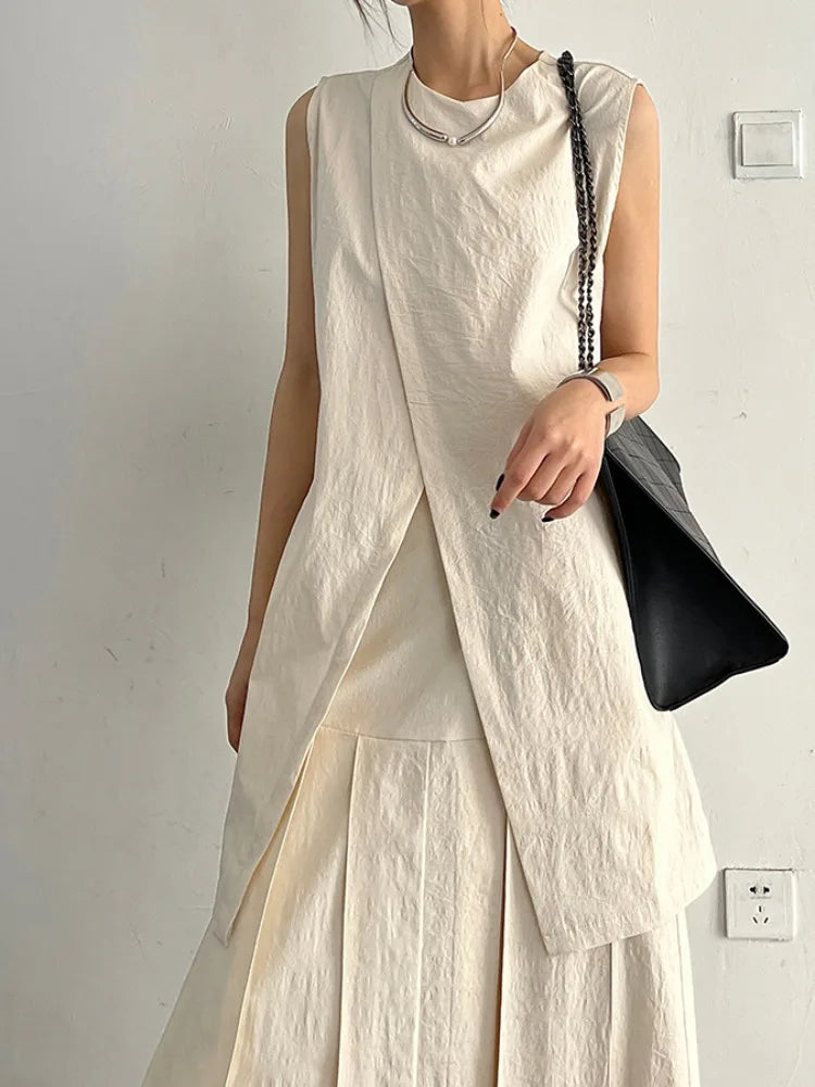 Split White Blouse Sleeveless Lace Up Loose Shirt Office Lady Summer Design Tops Mujer New