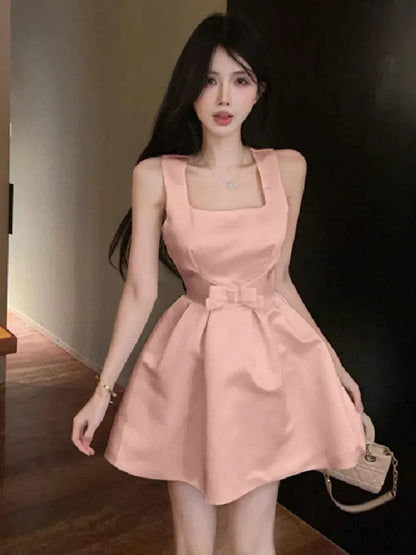 Dresses Sweet Square Collar Bow Sleeveless Slim Ball Gown Mini Dress Temperament Spring