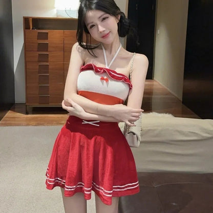 Mini Dresses Bow Bandage Slim Ruffles Sleeveless Halter Backless Clubwear Sweet Party
