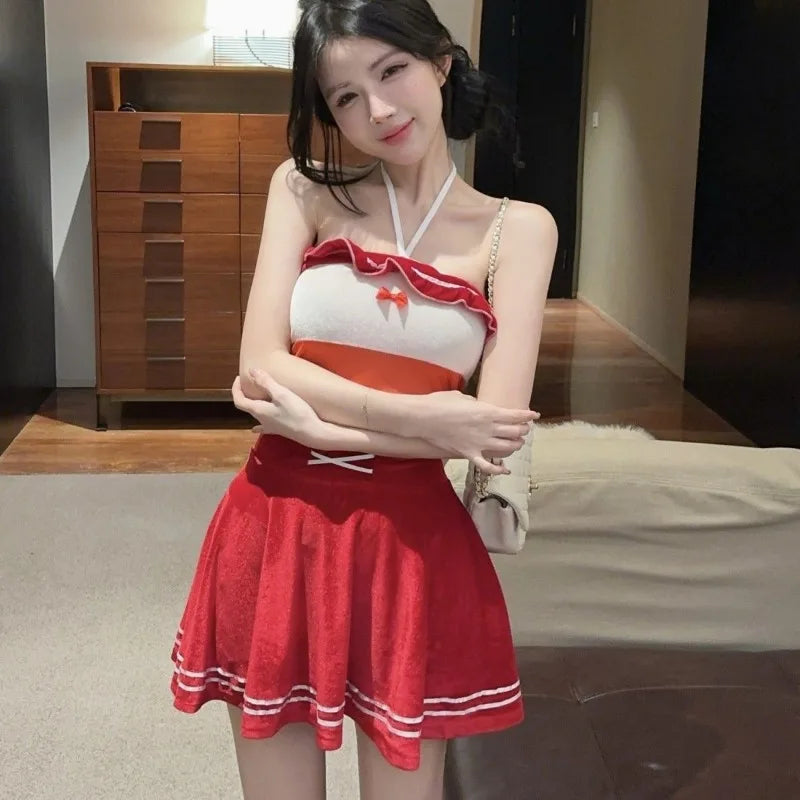 Mini Dresses Bow Bandage Slim Ruffles Sleeveless Halter Backless Clubwear Sweet Party