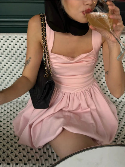 Spring New Pink Sweet Mini Dress Square Collar Sleeveless Short A-line Vestidos Female Dresses