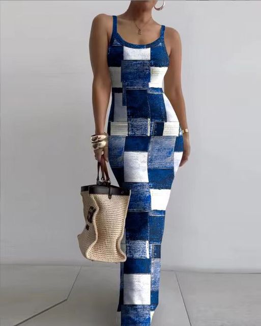 Printed Slim Spaghetti Strap Long Dresses Y2k Sleeveless Skinny Bodycon Maxi Vestidos Summer New