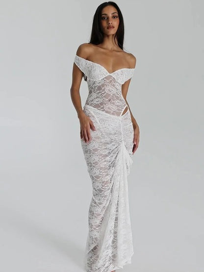 Lace Deep V Sleeveless Slim Dress Perspective Tight Split Backless Charming Long Dress Party Holiday Beach