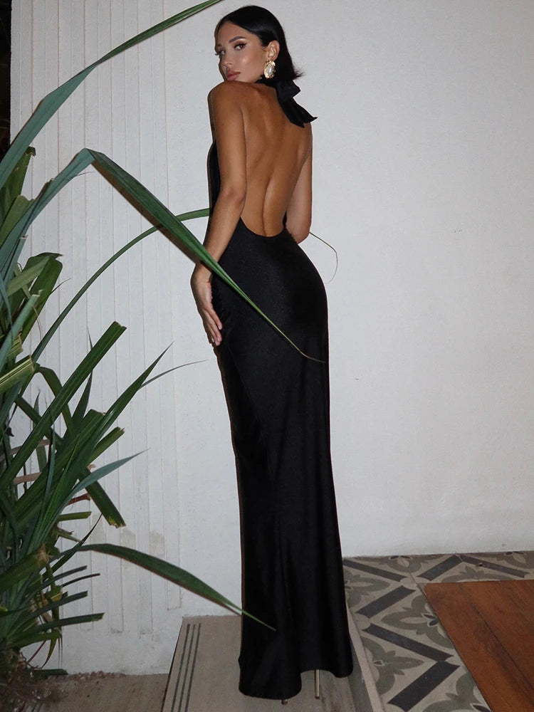 Halter Deep V Neck Backless Maxi Dress for Sleeveless Bodycon Club Party Evening Long Dress