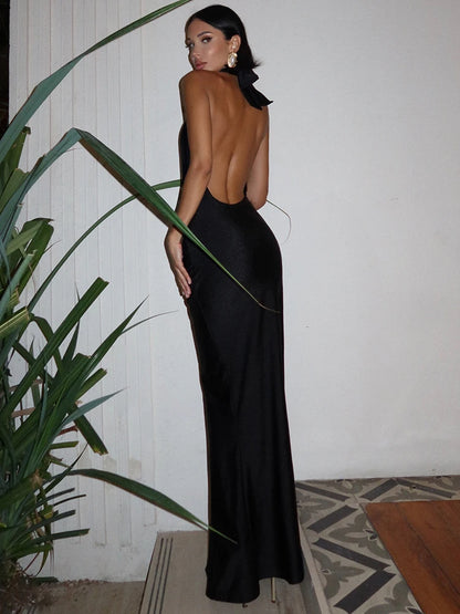 Halter Deep V Neck Backless Maxi Dress for Sleeveless Bodycon Club Party Evening Long Dress