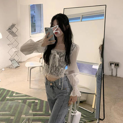 Cropped Shirts Bow Lace Patchwork Blouses Summer Korean Print Square Collar Bandage Long Sleeve Slim Tops