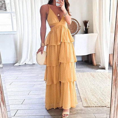 Deep V Neck High Waist Party Dress Hollow Out Backless Chiffon Cake Dress Lady Temperament Holiday Sling Long Dress