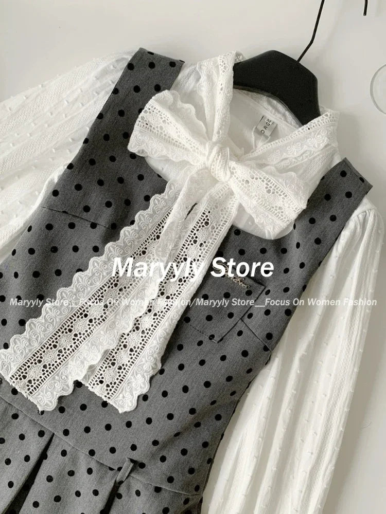 Korean Preppy Style Dress Set Bow Lace Shirt Tops + Polka Dot Mini Dress Commuter 2 Piece Set New