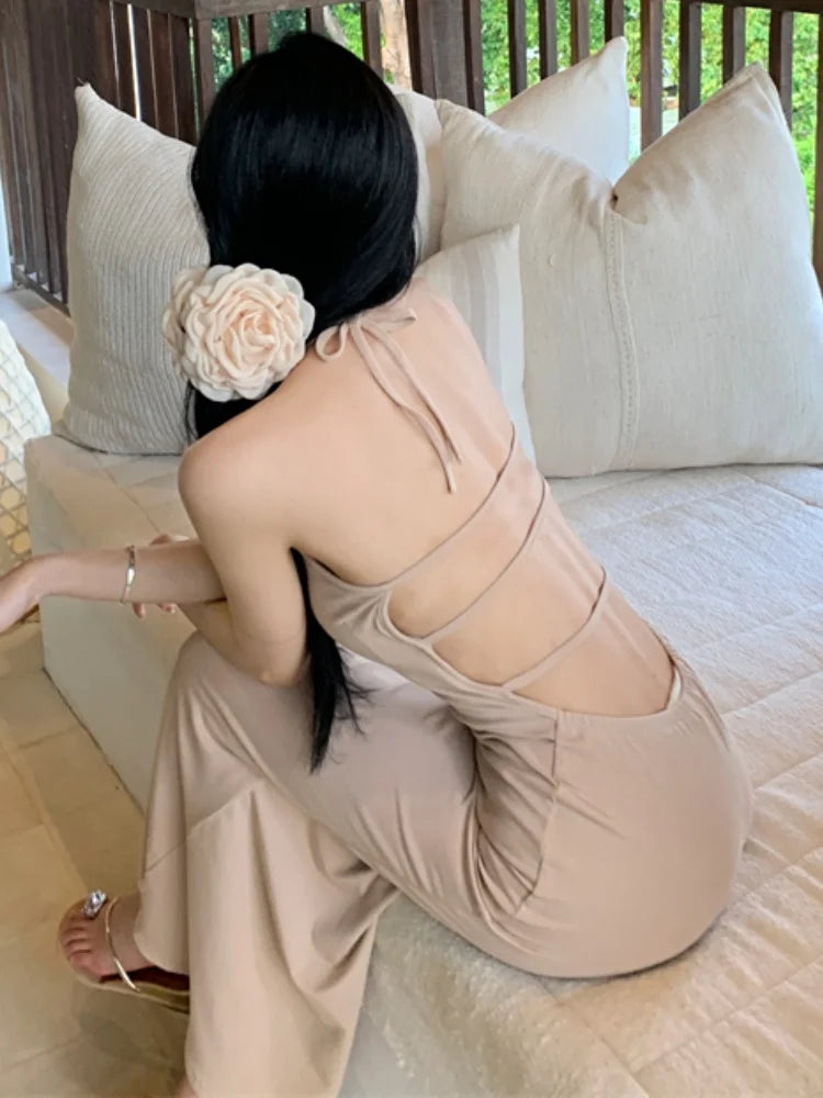 New Slim Sleeveless Midi Dresses Halterneck Backless Birthday Party Bodycon Dress