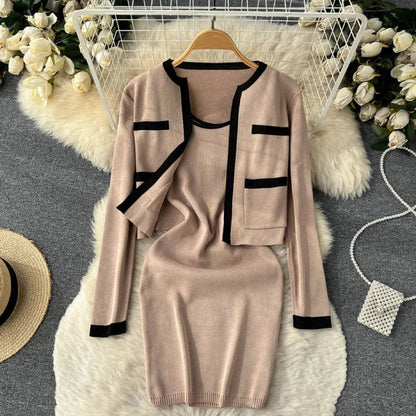 Autumn/winter Small Fragrant Wind Contrast Knitted Cardigan+suspended Tank Top Knitted Dress Ins