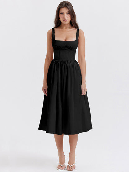 Summer New Backless Midi Dress Spaghetti Strap Sleeveless A-line Loose Slipdress Club Dress