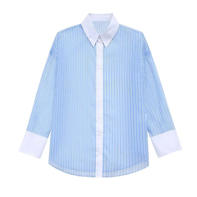 Spring Shirt Woman Blue Striped Lapel Long Sleeve Single Breasted Female Transparent Blouse